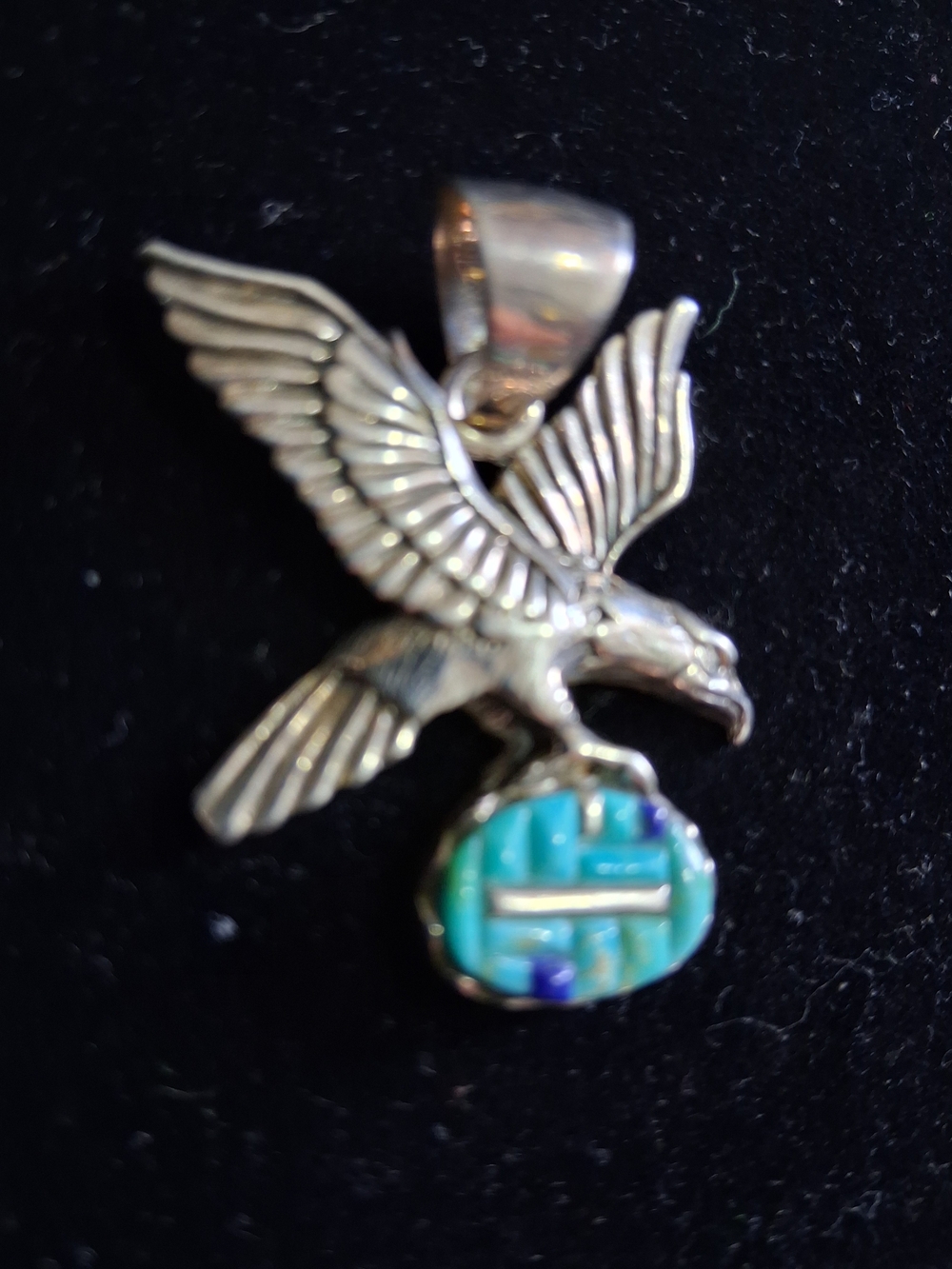 Vintage Sterling Silver Native American Style Eagle Inlay Pendant with Turquoise - Picture 3 of 5